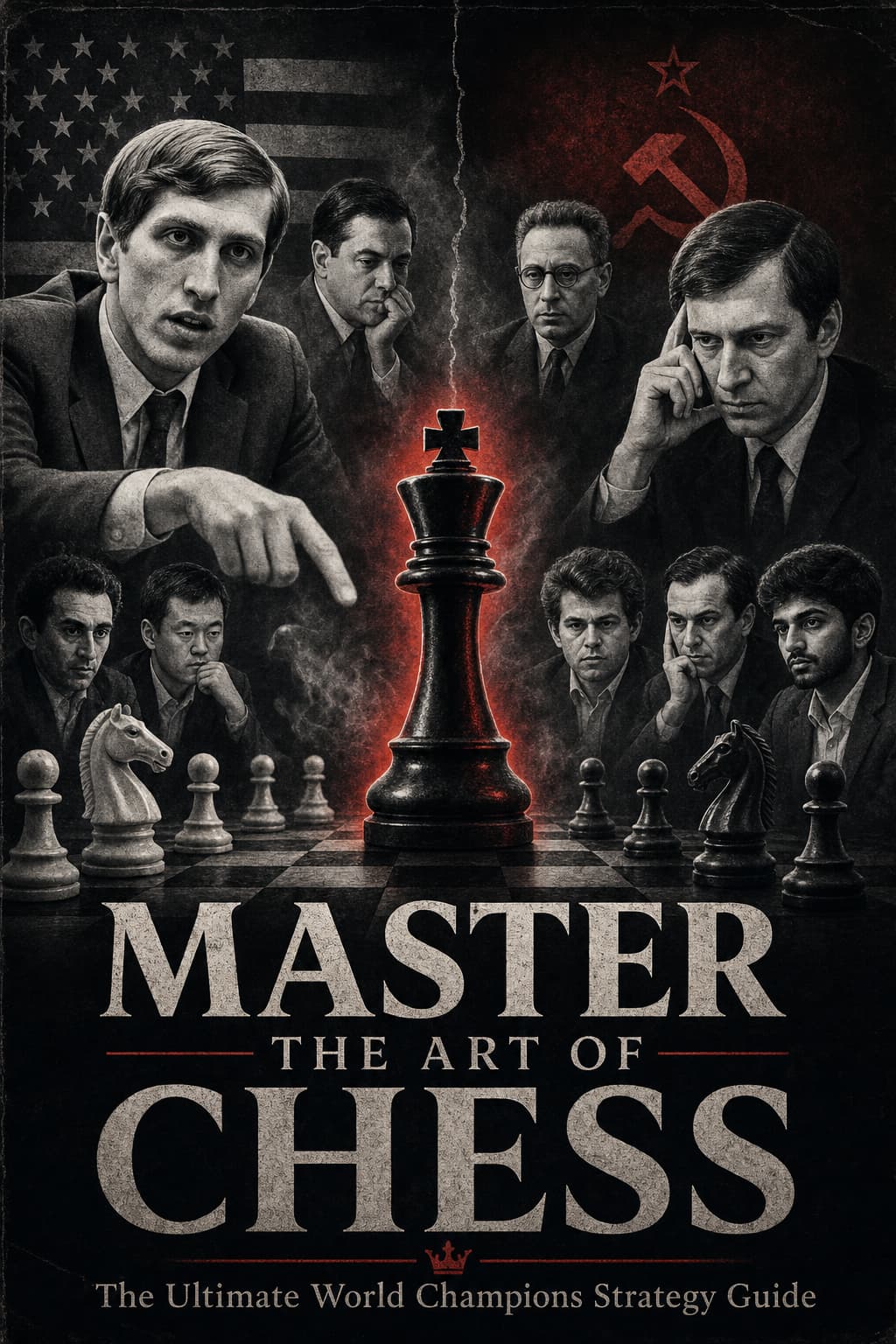 Master the Art of Chess ebook cover with world champions around a chessboard