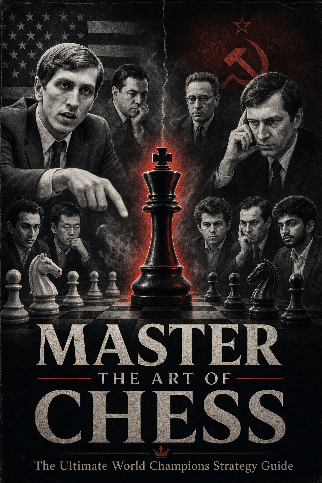 Master the Art of Chess ebook cover with world champions around a chessboard
